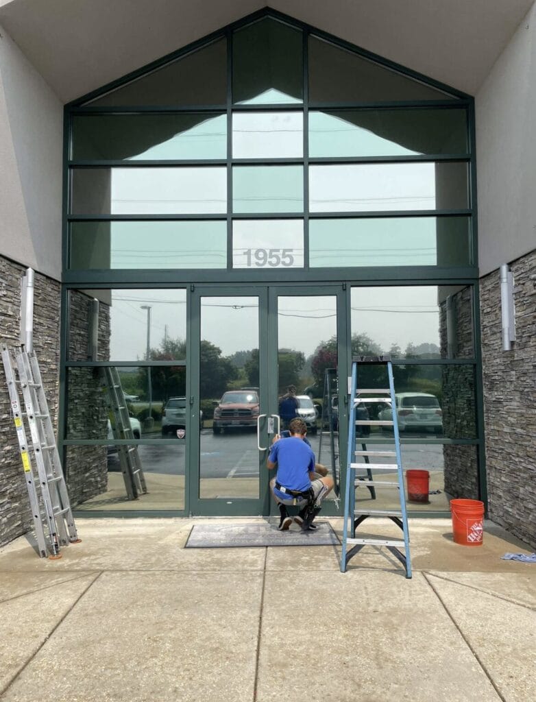 Professional commercial window cleaning service in action at Keenwick