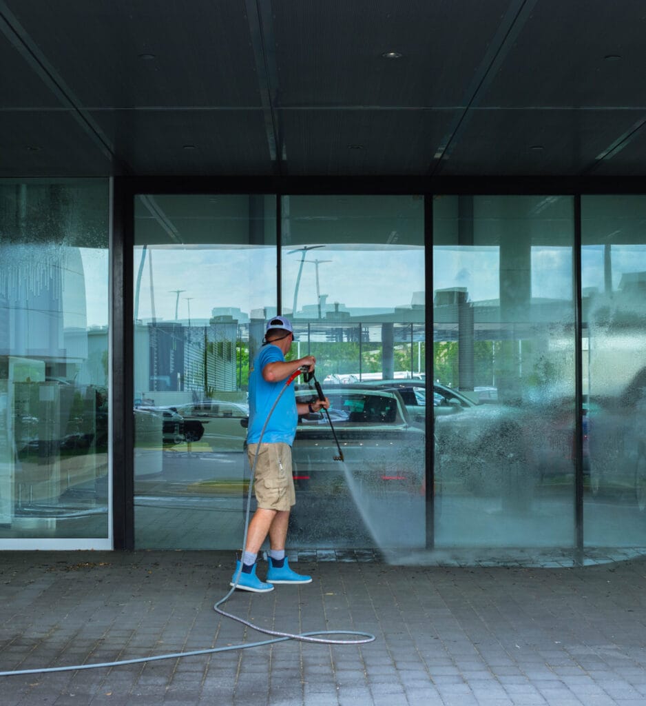 Commercial building exterior being power washed by Keenwick team